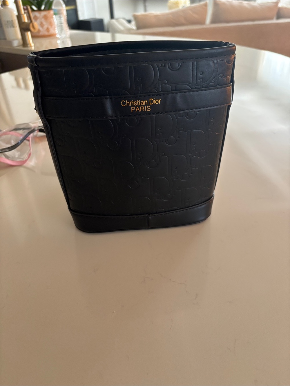 Dior Black Embossed Leather Toiletry Bag with Gold Logo